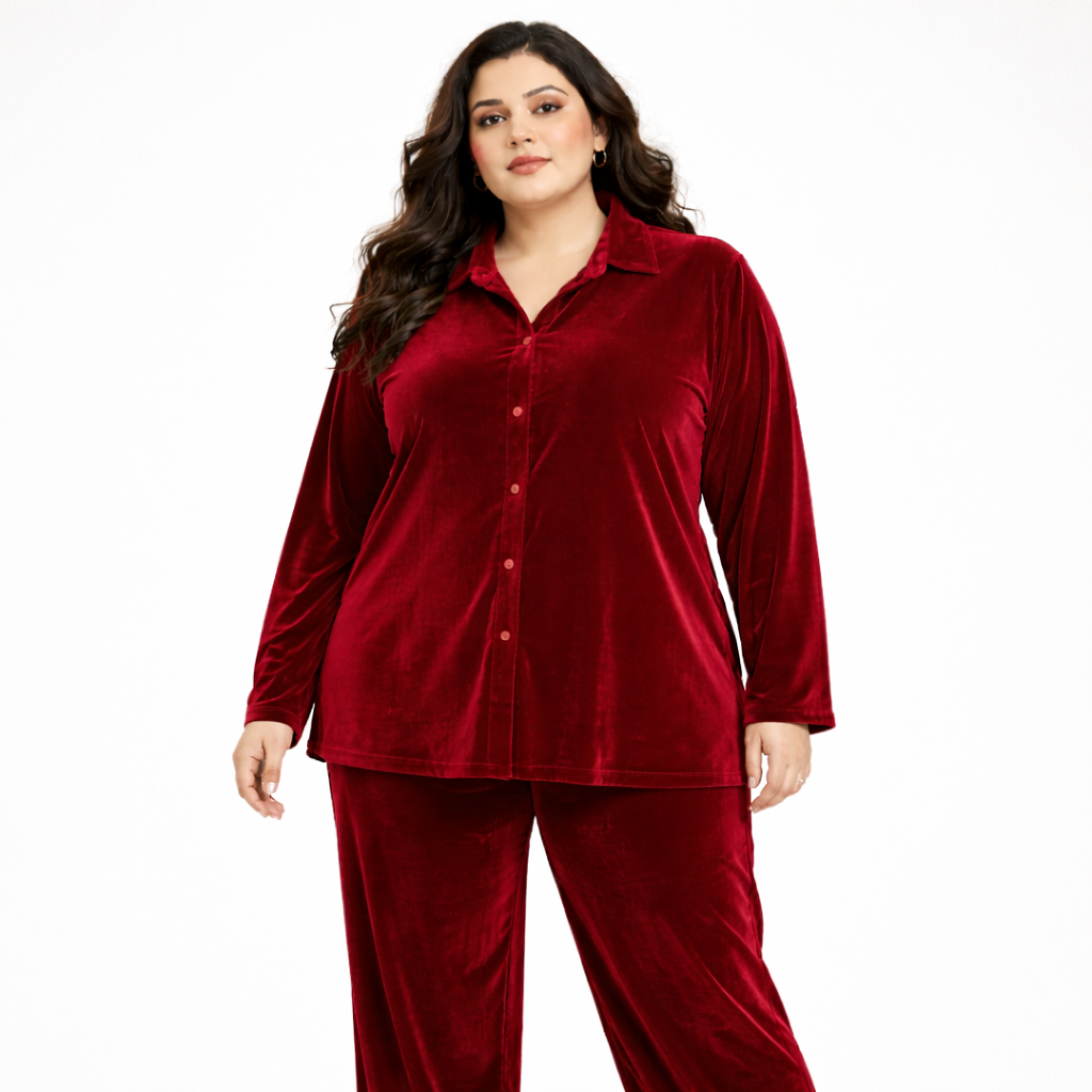 Maroon Solid Velvet Plus Size Pant Shirt Co-Ord Set for Women – 9XL