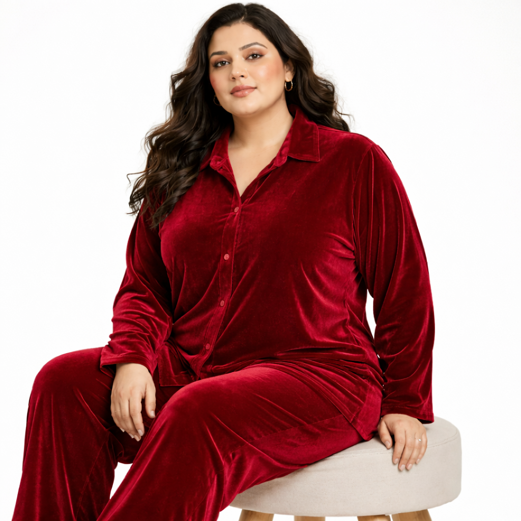 Maroon Solid Velvet Plus Size Pant Shirt Co-Ord Set for Women – 10XL