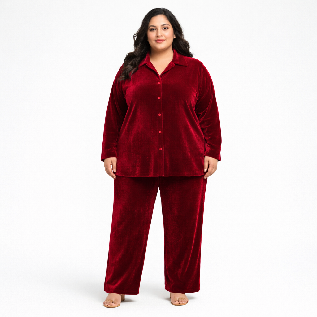 Maroon Solid Velvet Plus Size Pant Shirt Co-Ord Set for Women – 10XL