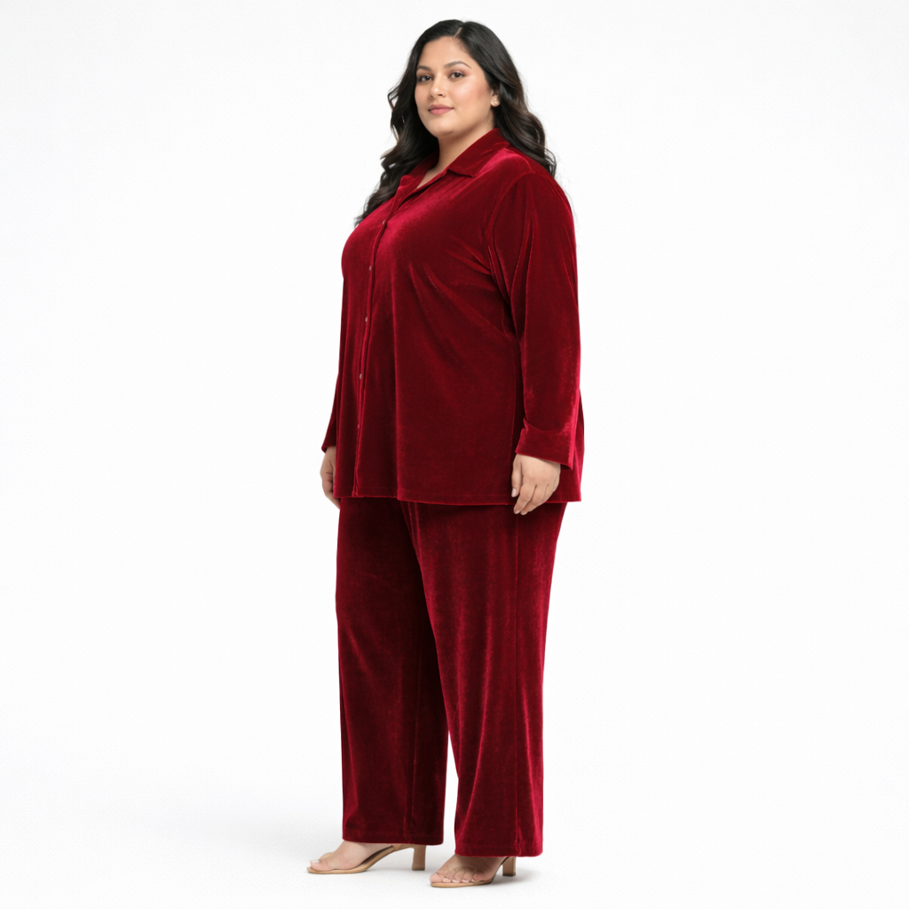 Maroon Solid Velvet Plus Size Pant Shirt Co-Ord Set for Women – 9XL