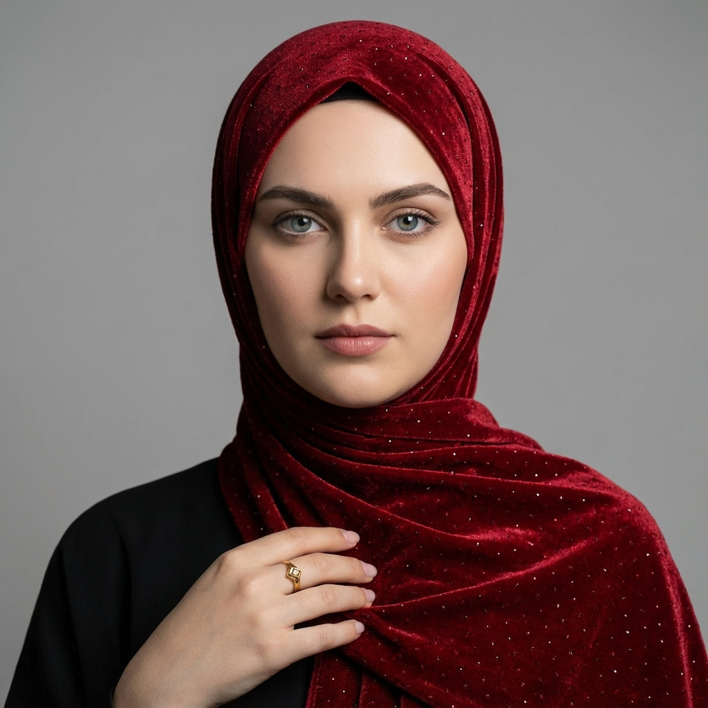 Sparkle Velvet Red Hijab – 1.50 Meter Elegant Shimmer Modest Scarf