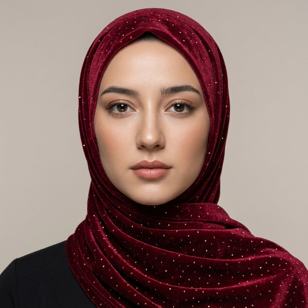 Sparkle Velvet Maroon Hijab – 1.50 Meter Elegant Shimmer Modest Scarf