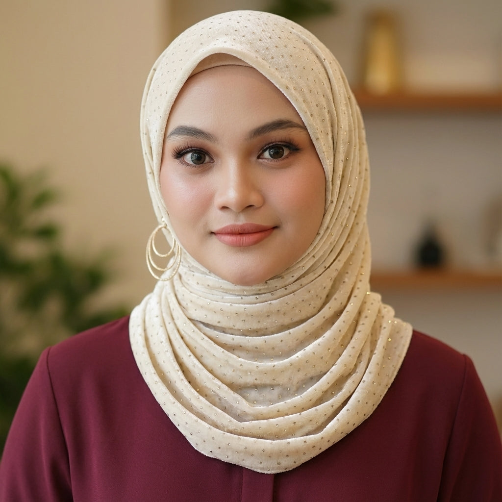 Sparkle Velvet Cream Hijab – 1.50 Meter Elegant Shimmer Modest Scarf