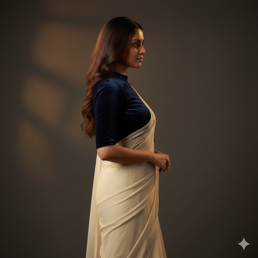 Cream georgette saree paired with navy blue velvet blouse for classic elegant contrast