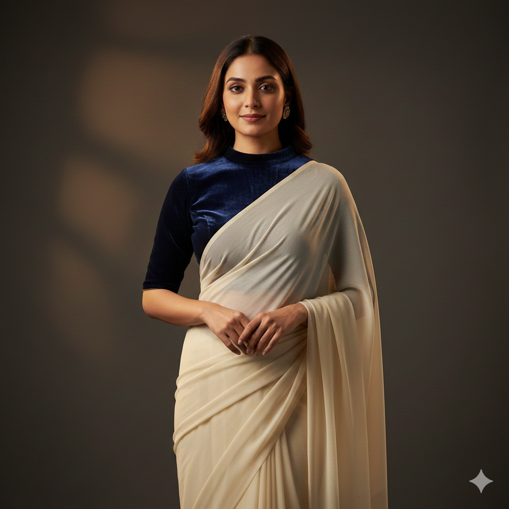 Cream georgette saree paired with navy blue velvet blouse for classic elegant contrast