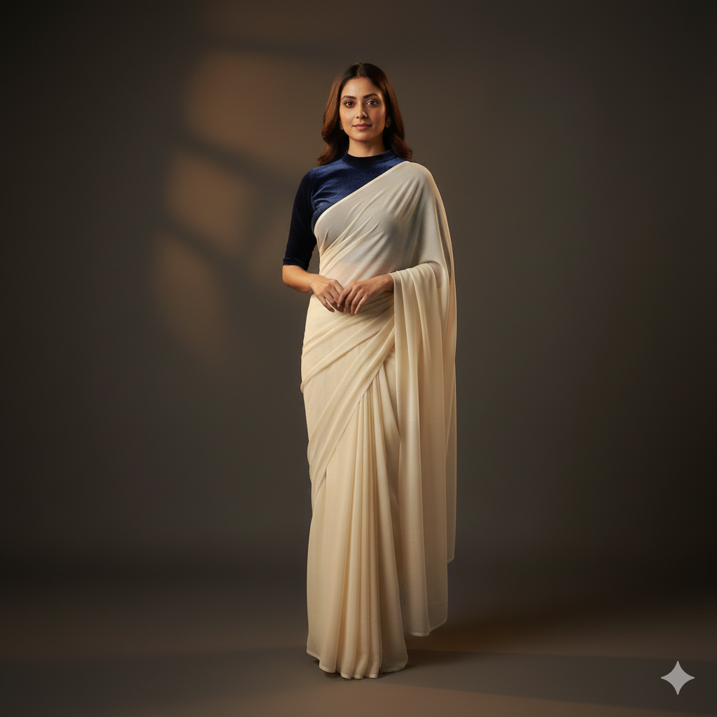 Cream georgette saree paired with navy blue velvet blouse for classic elegant contrast