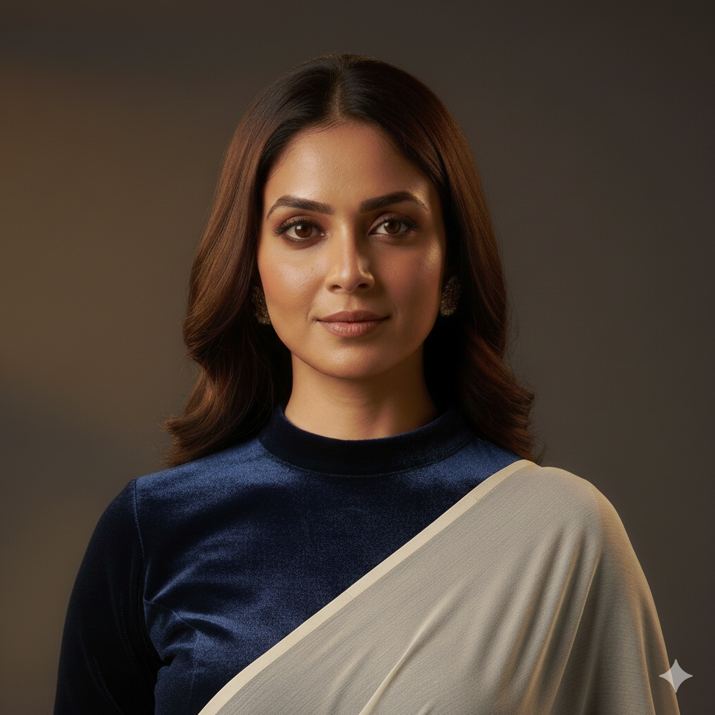 Cream georgette saree paired with navy blue velvet blouse for classic elegant contrast