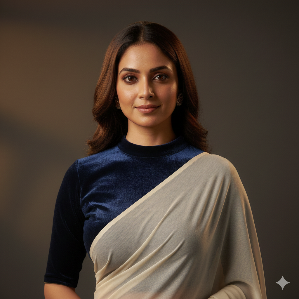 Cream georgette saree paired with navy blue velvet blouse for classic elegant contrast