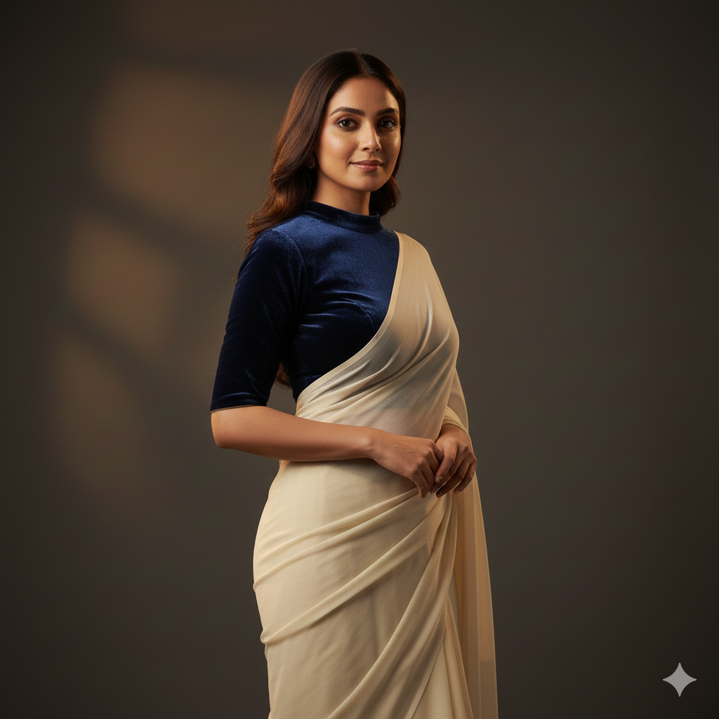 Cream georgette saree paired with navy blue velvet blouse for classic elegant contrast
