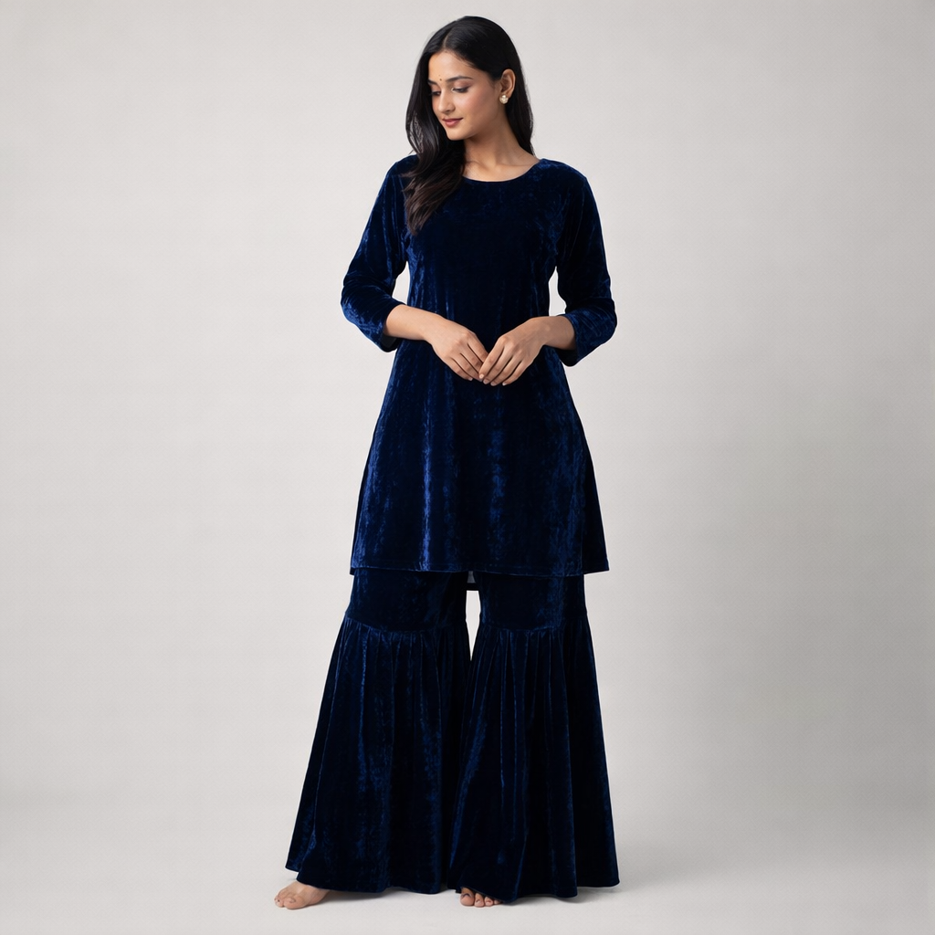 Solid Velvet Fabric for Blouse – Plain Unstitched Velvet Cloth – Navy Blue – 1 Meter