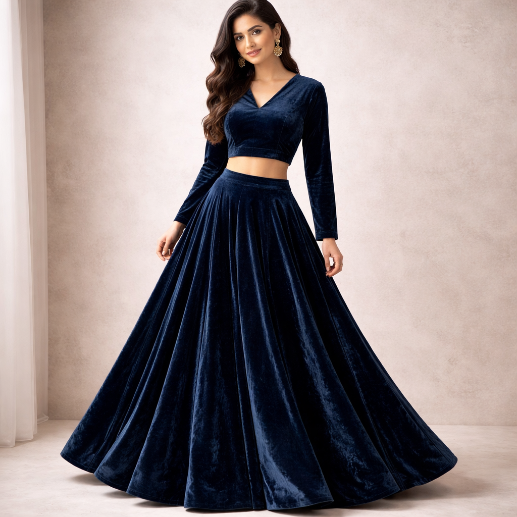 Solid Velvet Fabric for Blouse – Plain Unstitched Velvet Cloth – Navy Blue – 1 Meter