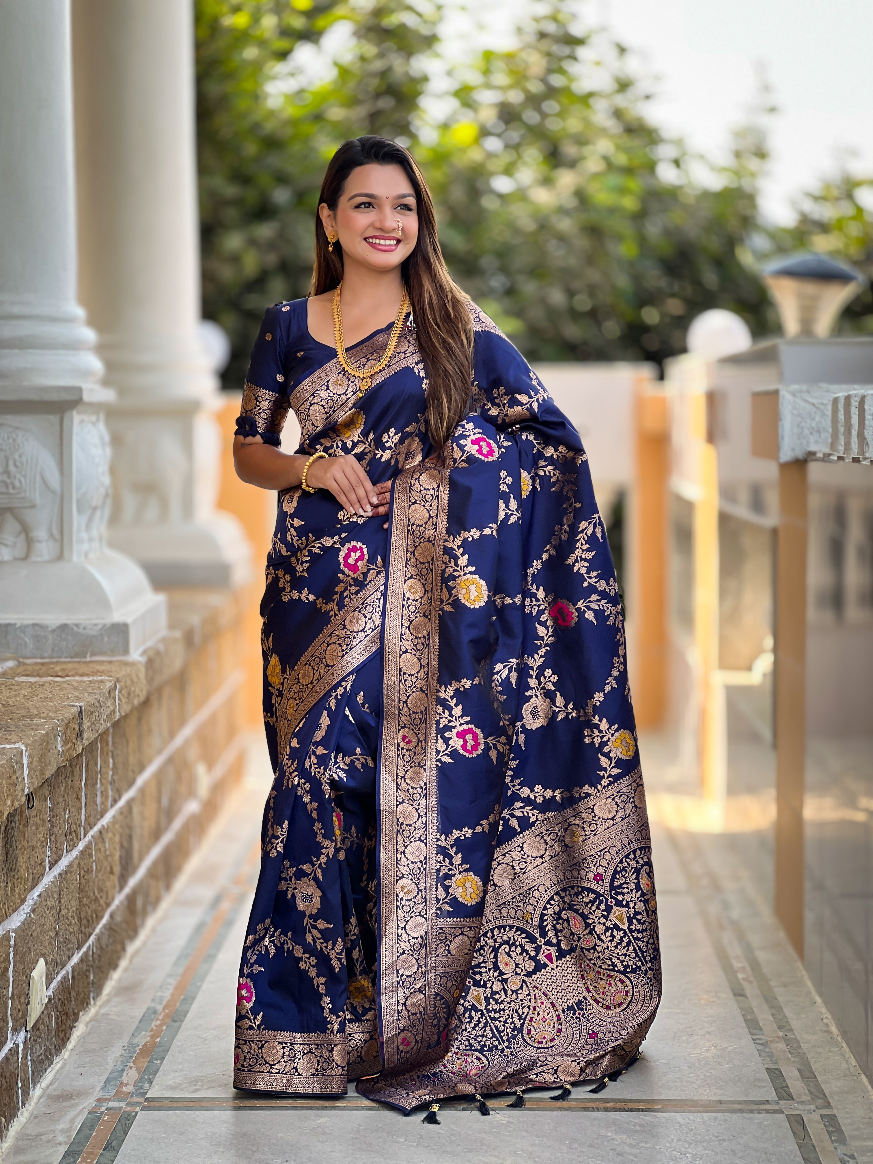 soft banarasi silk saree with meenakari weaving and zari work