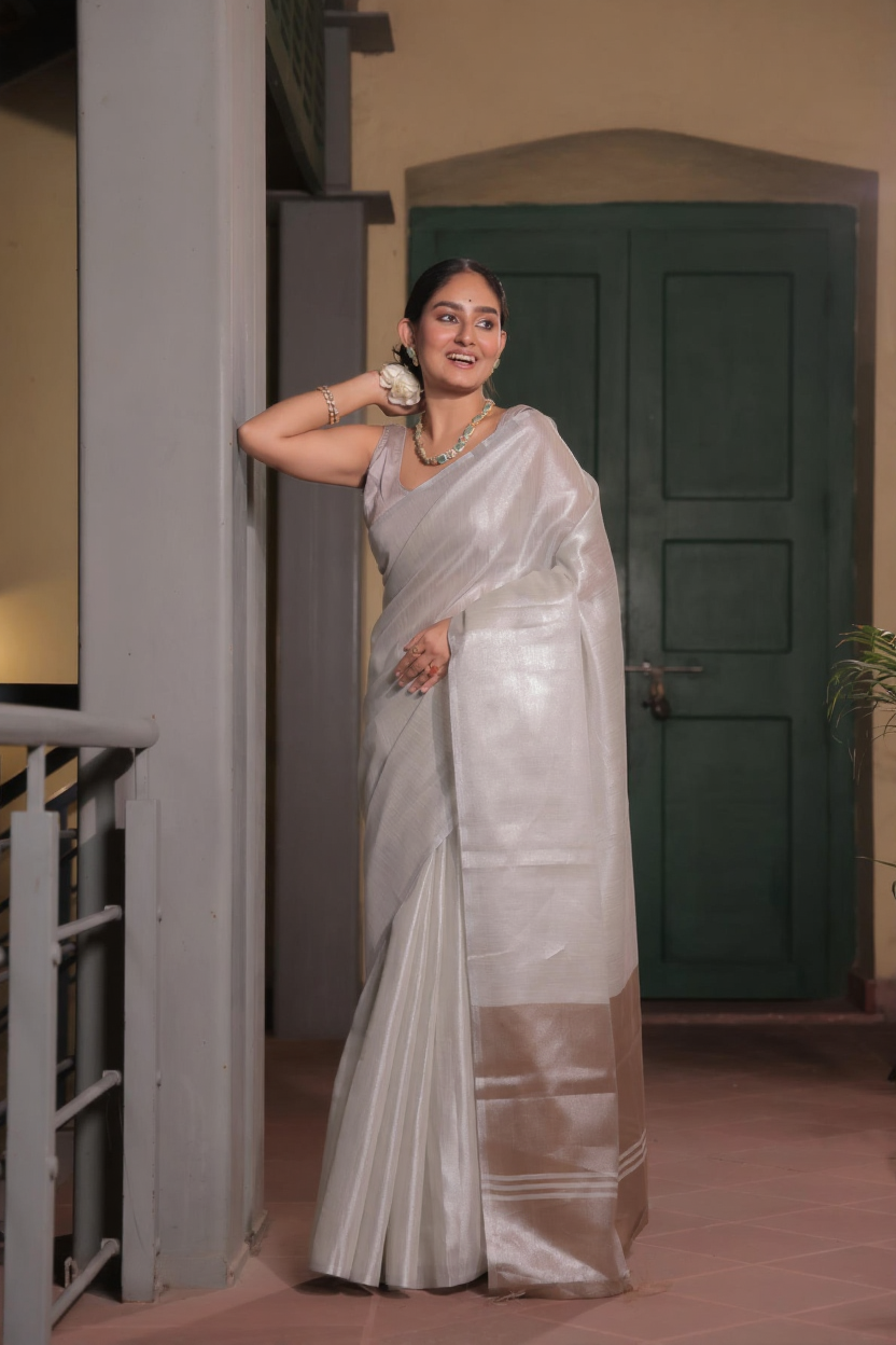 Pure Tissue Silk Saree, Contrast Pallu, Contrast Blouse, Indian ethnic wear, traditional attire, tissue silk weave, designer saree, luxurious fabric, festive wear, party wear, elegant drape, silk saree, handloom, wedding saree, special occasion outfit, dual-tone saree, women's fashion, ethnic fashion.