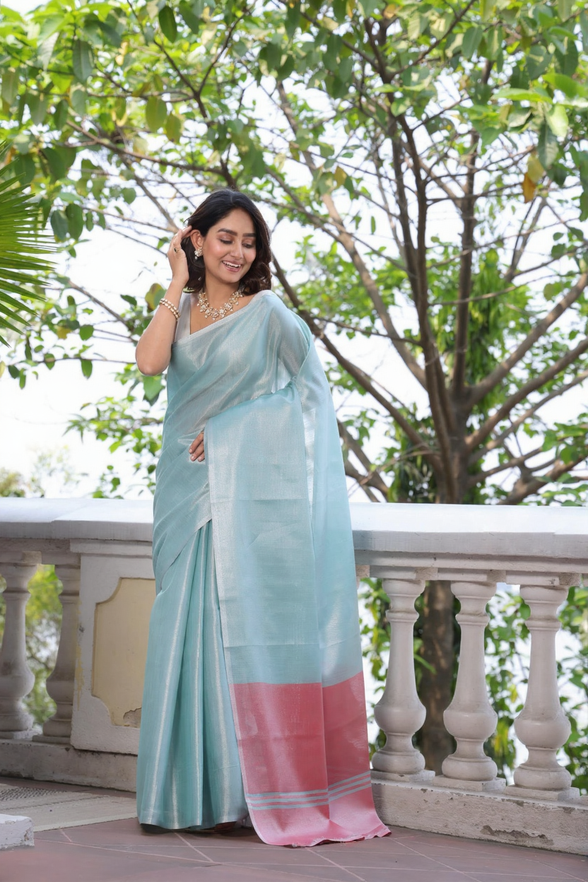 Pure Tissue Silk Saree, Contrast Pallu, Contrast Blouse, Indian ethnic wear, traditional attire, tissue silk weave, designer saree, luxurious fabric, festive wear, party wear, elegant drape, silk saree, handloom, wedding saree, special occasion outfit, dual-tone saree, women's fashion, ethnic fashion.