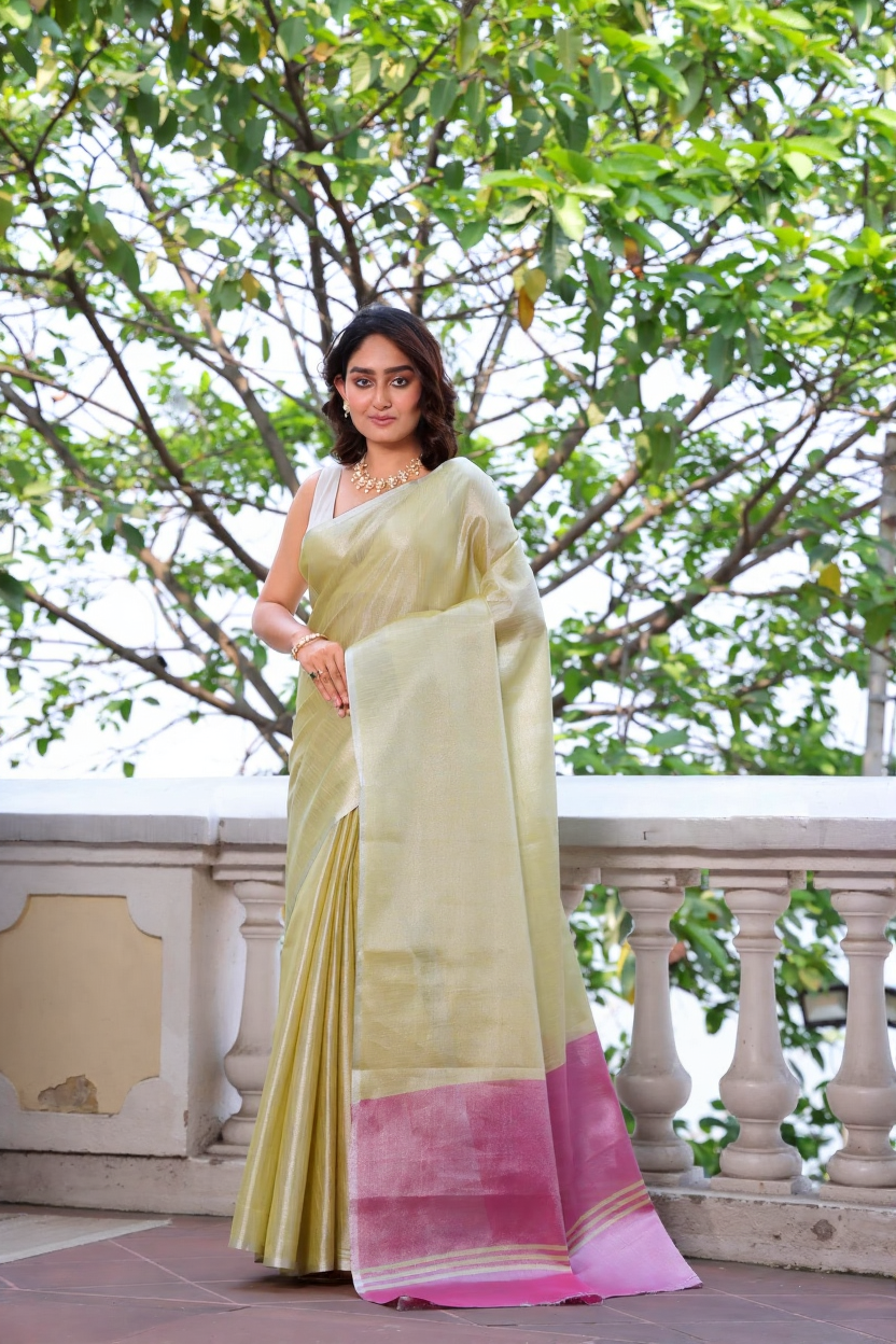 Pure Tissue Silk Saree, Contrast Pallu, Contrast Blouse, Indian ethnic wear, traditional attire, tissue silk weave, designer saree, luxurious fabric, festive wear, party wear, elegant drape, silk saree, handloom, wedding saree, special occasion outfit, dual-tone saree, women's fashion, ethnic fashion.