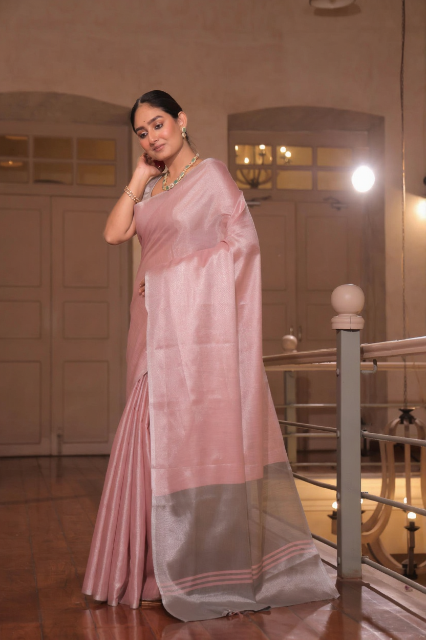 Pure Tissue Silk Saree, Contrast Pallu, Contrast Blouse, Indian ethnic wear, traditional attire, tissue silk weave, designer saree, luxurious fabric, festive wear, party wear, elegant drape, silk saree, handloom, wedding saree, special occasion outfit, dual-tone saree, women's fashion, ethnic fashion.