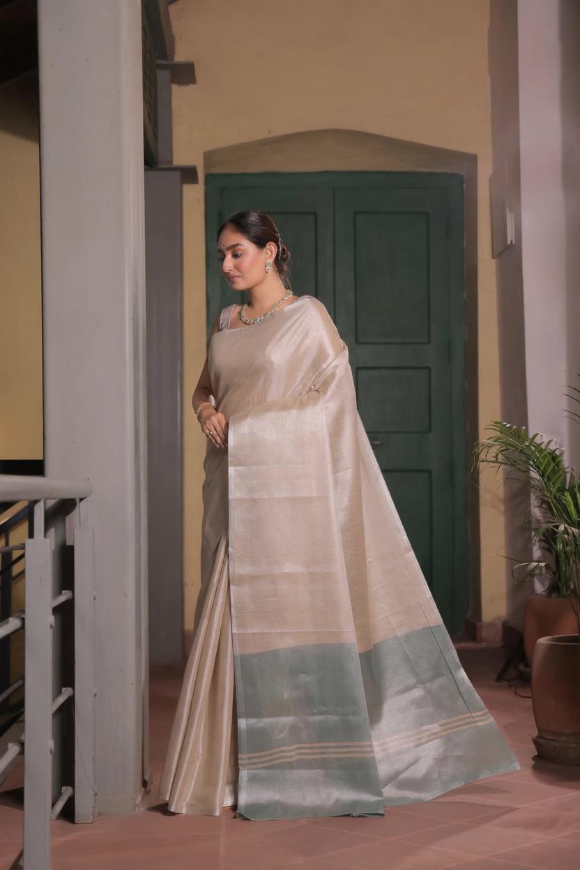 Pure Tissue Silk Saree, Contrast Pallu, Contrast Blouse, Indian ethnic wear, traditional attire, tissue silk weave, designer saree, luxurious fabric, festive wear, party wear, elegant drape, silk saree, handloom, wedding saree, special occasion outfit, dual-tone saree, women's fashion, ethnic fashion.