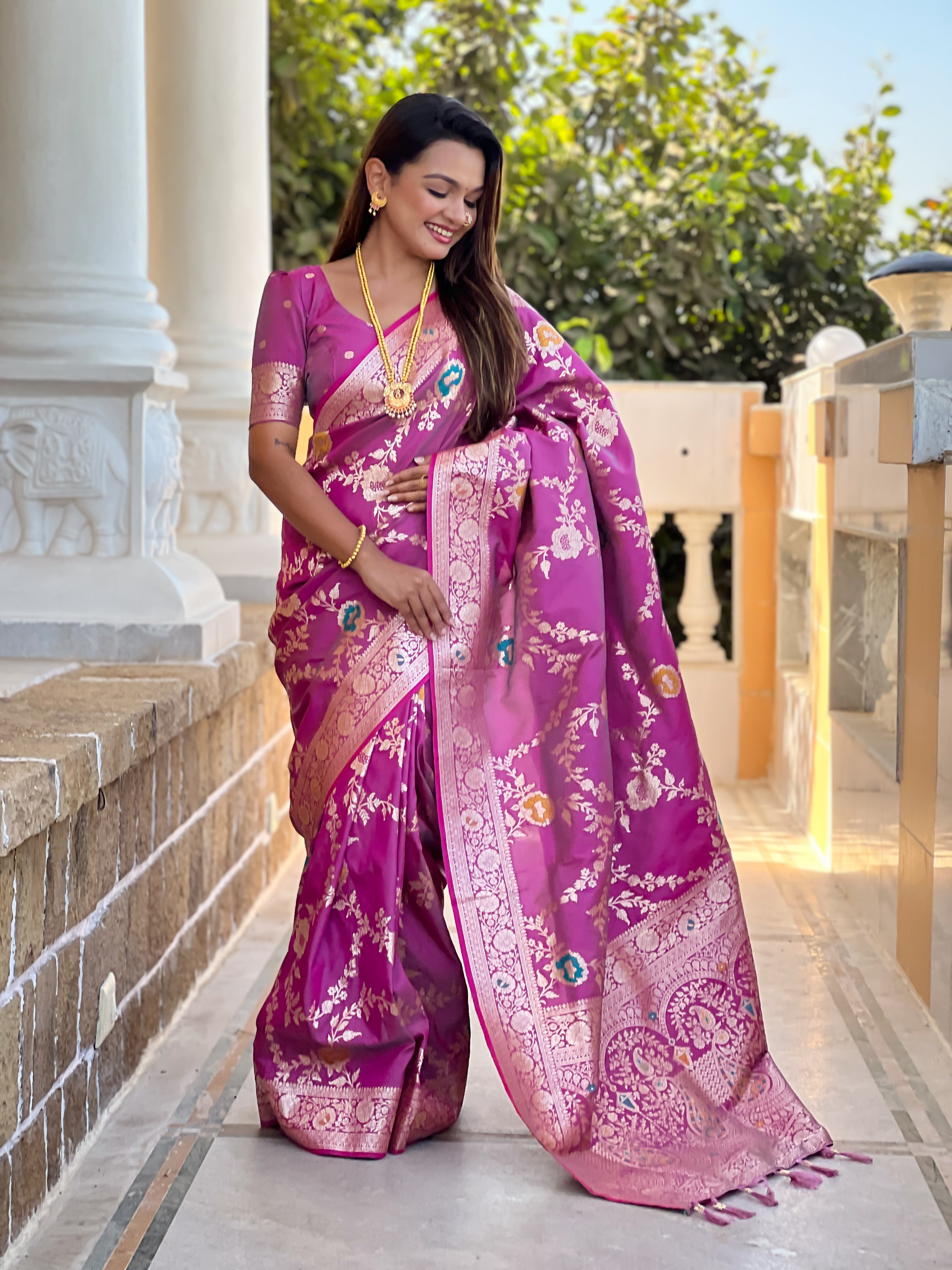 soft banarasi silk saree with meenakari weaving and zari work
