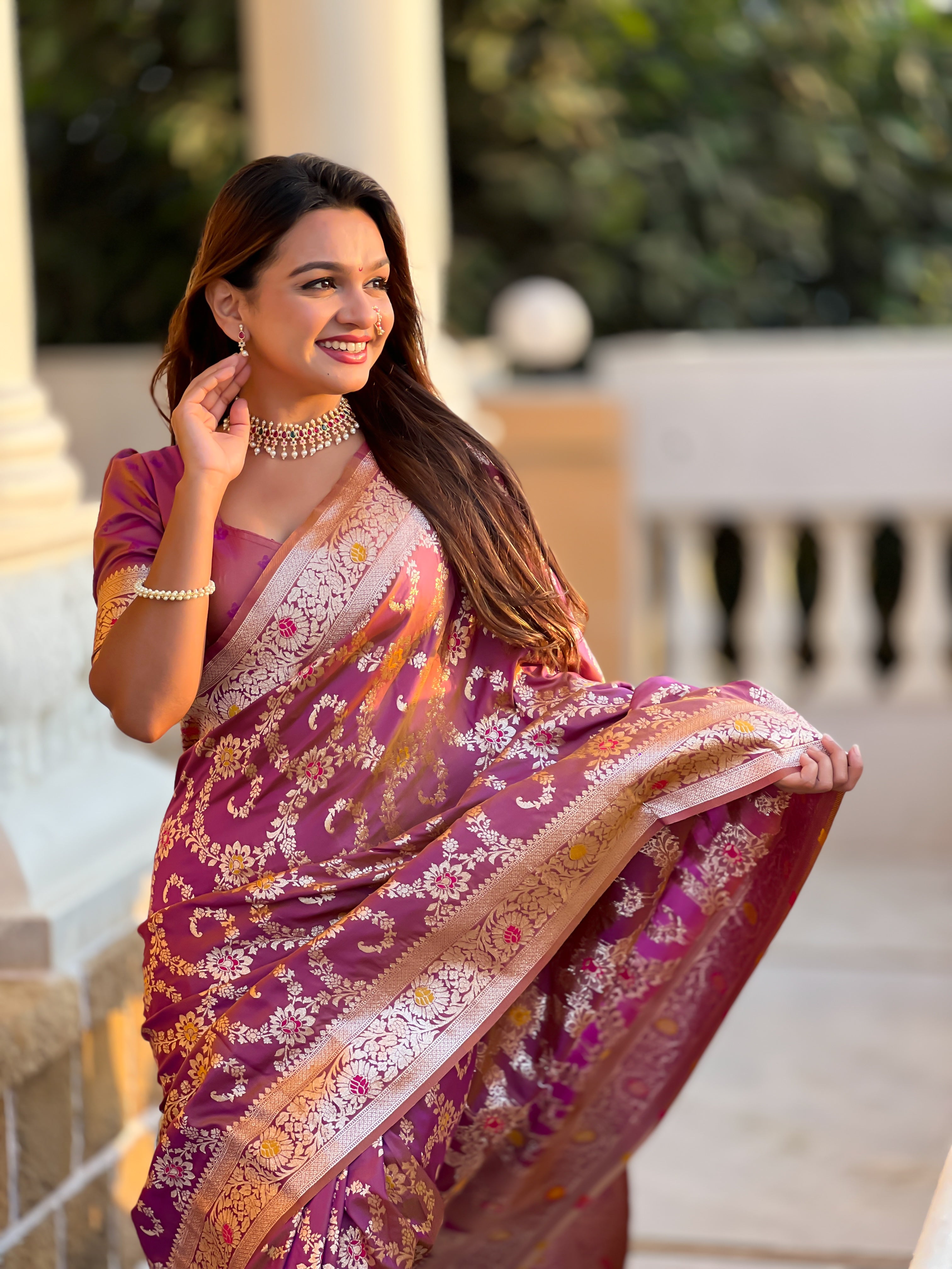 Soft Banarasi Silk Saree; Pure Silk Zari Weaving Saree; Traditional Meenakari Work Banarasi Sari; Rich Woven Pallu; Tassels on Pallu; Matching Soft Silk Woven Blouse Piece