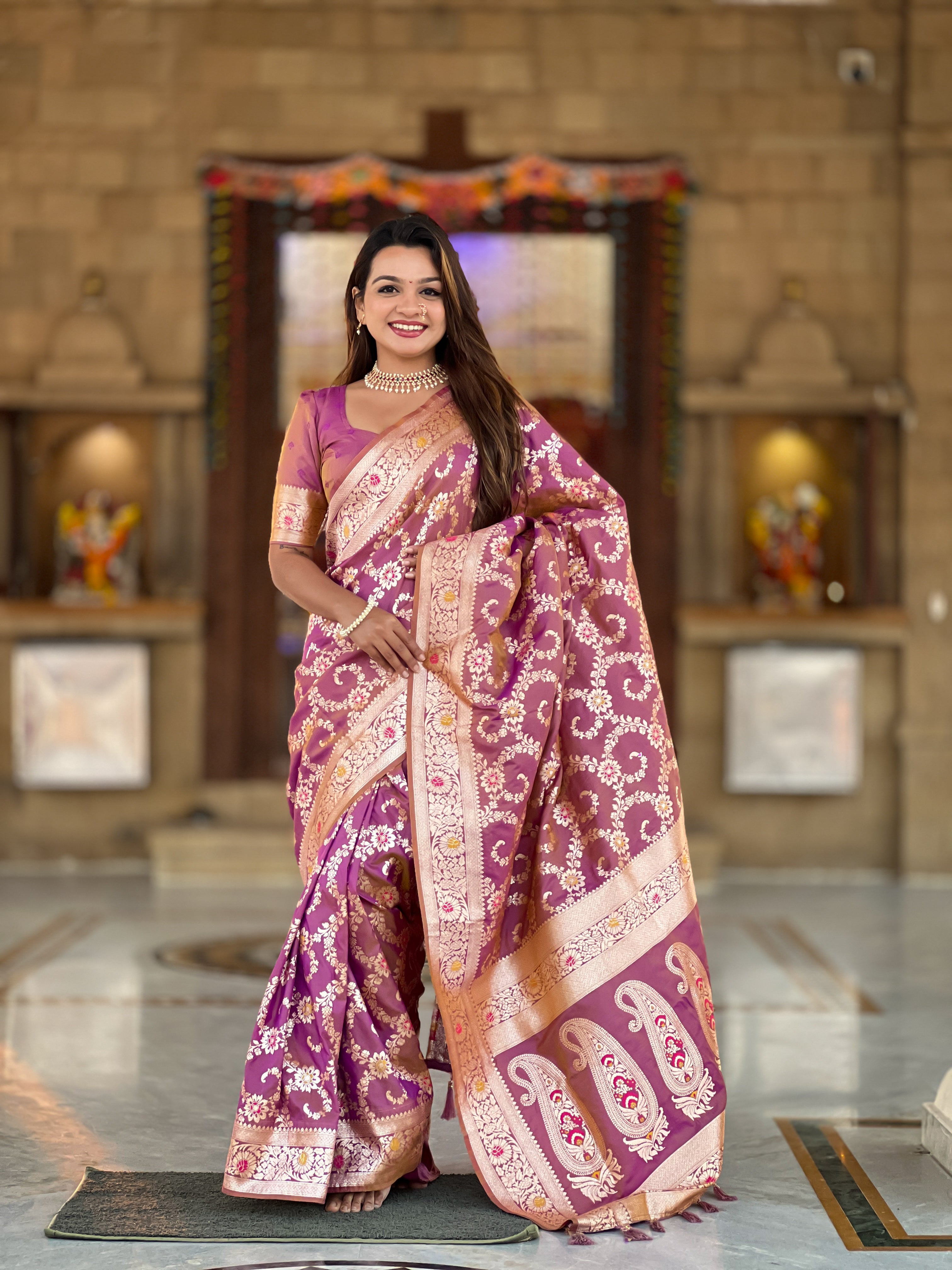 Soft Banarasi Silk Saree; Pure Silk Zari Weaving Saree; Traditional Meenakari Work Banarasi Sari; Rich Woven Pallu; Tassels on Pallu; Matching Soft Silk Woven Blouse Piece