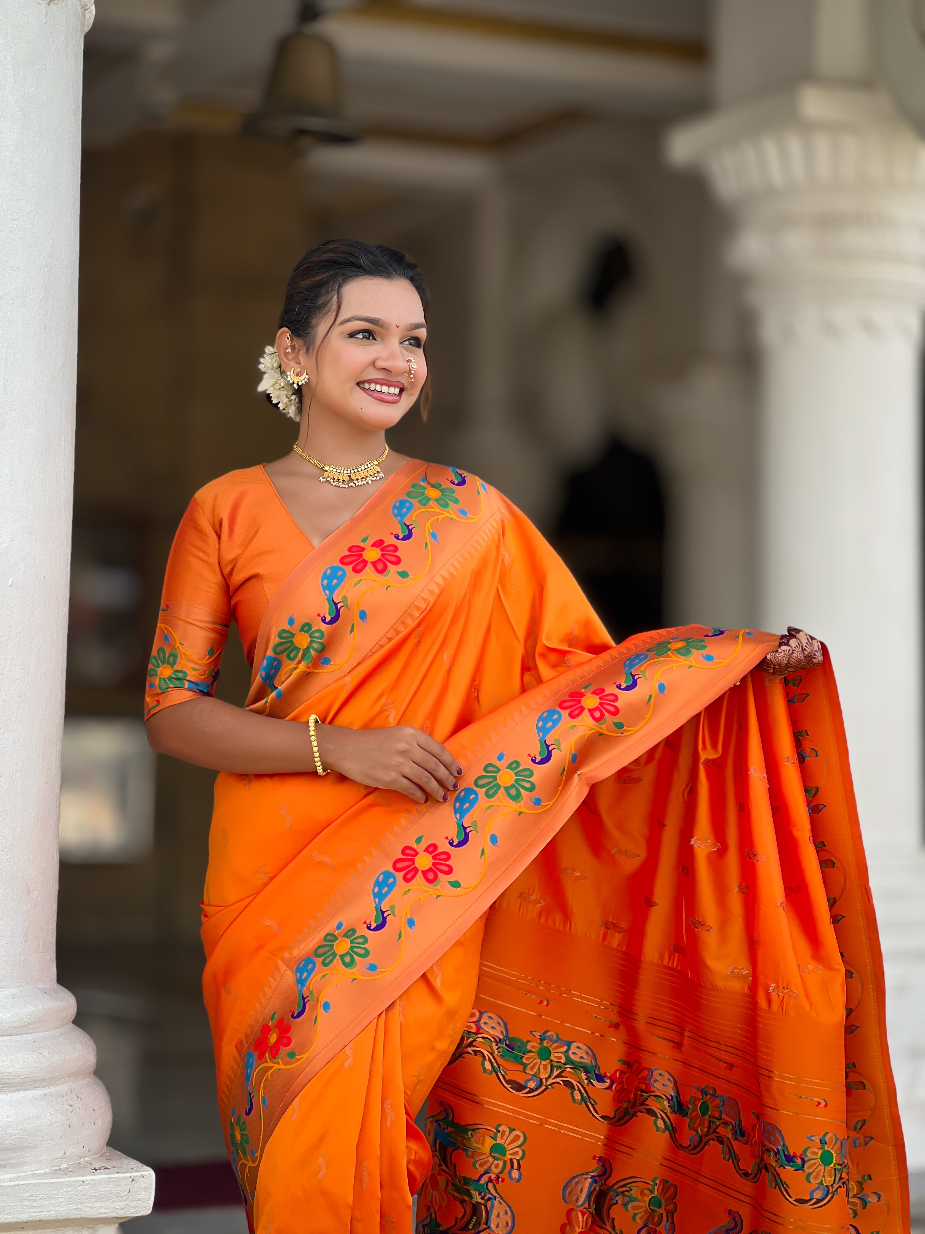 Soft Paithani silk saree with zari weaving and Meenakari motifs and rich woven pallu by Weave