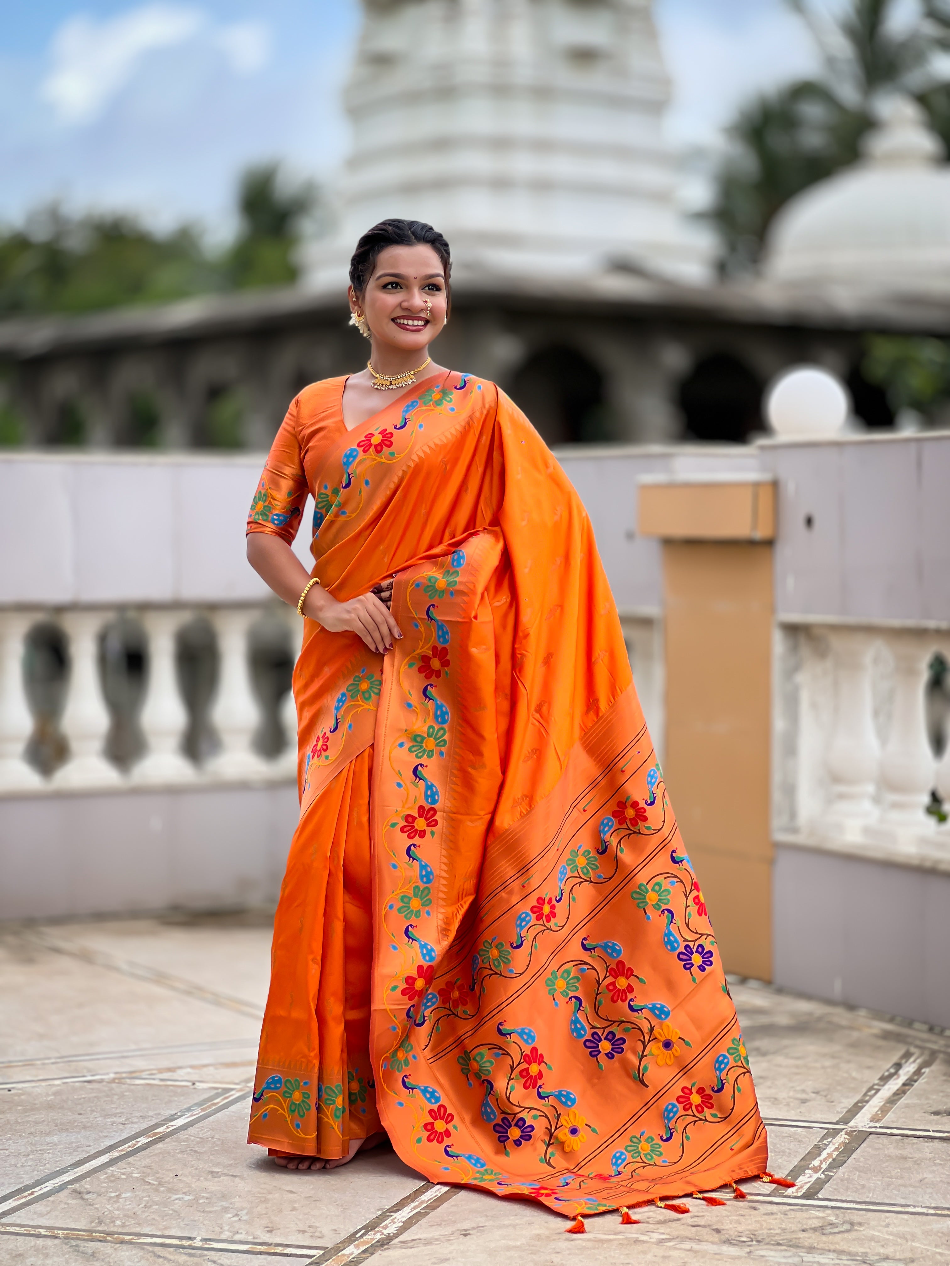 Soft Paithani silk saree with zari weaving and Meenakari motifs and rich woven pallu by Weave