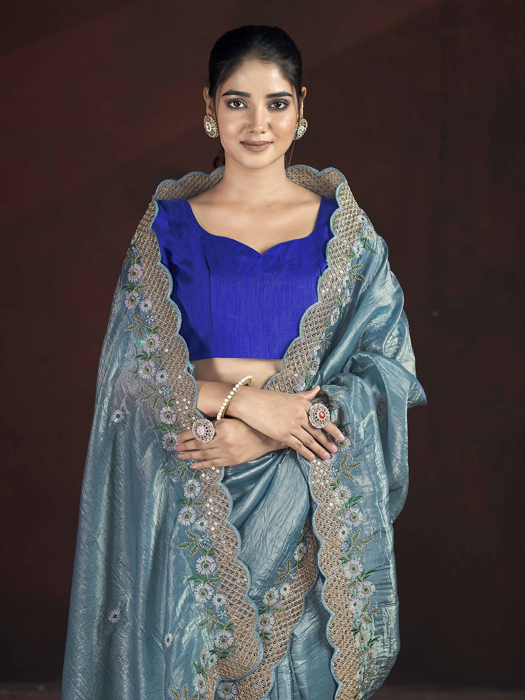 WEAVE Gold Crunchy Silk Floral Embroidered Saree with Cutwork Border and Mono Diamond Silk Blouse
