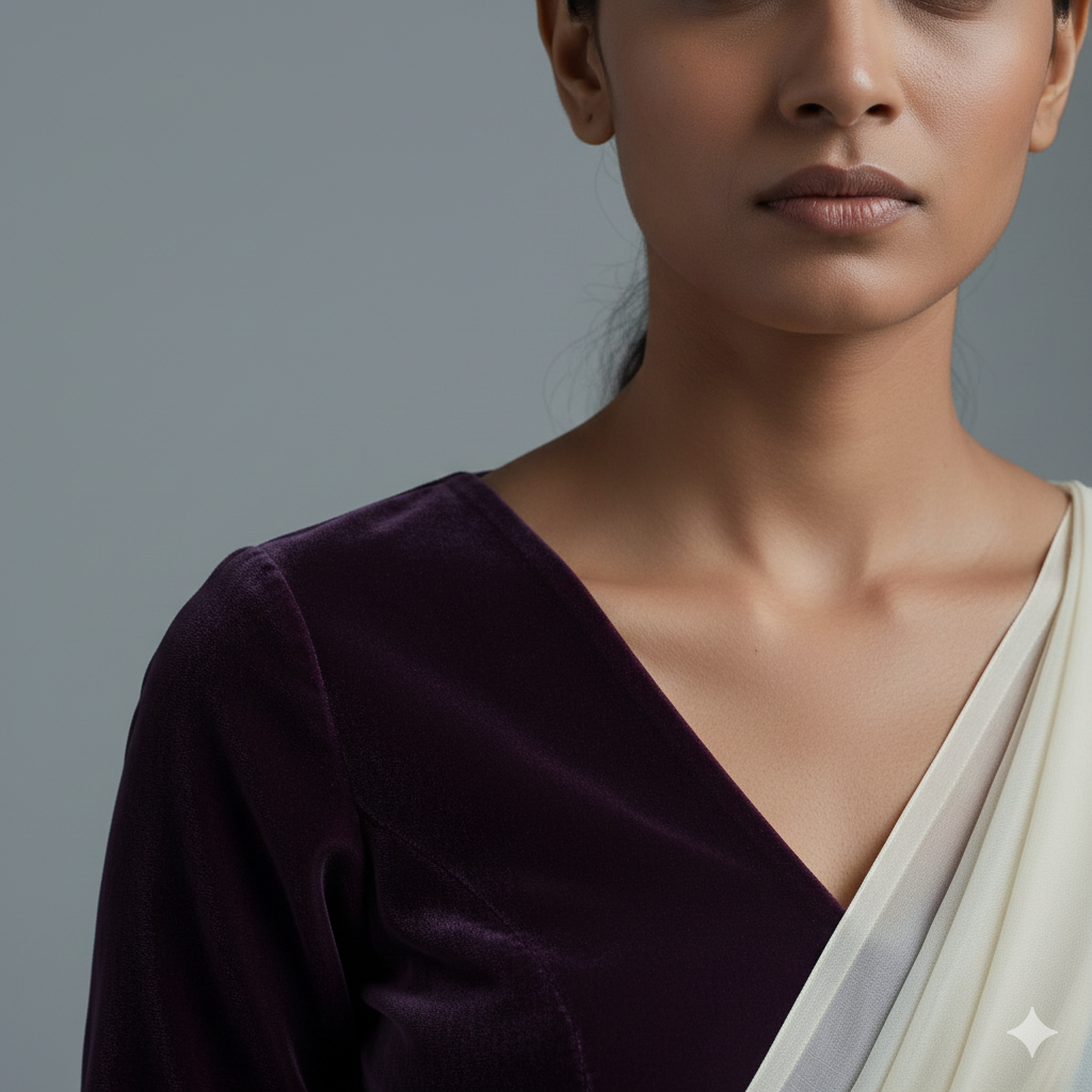 Cream georgette saree styled with purple velvet blouse for royal elegant contrast