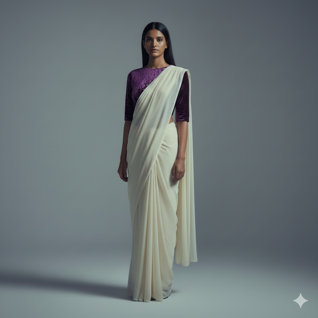 Cream georgette saree styled with purple velvet blouse for royal elegant contrast