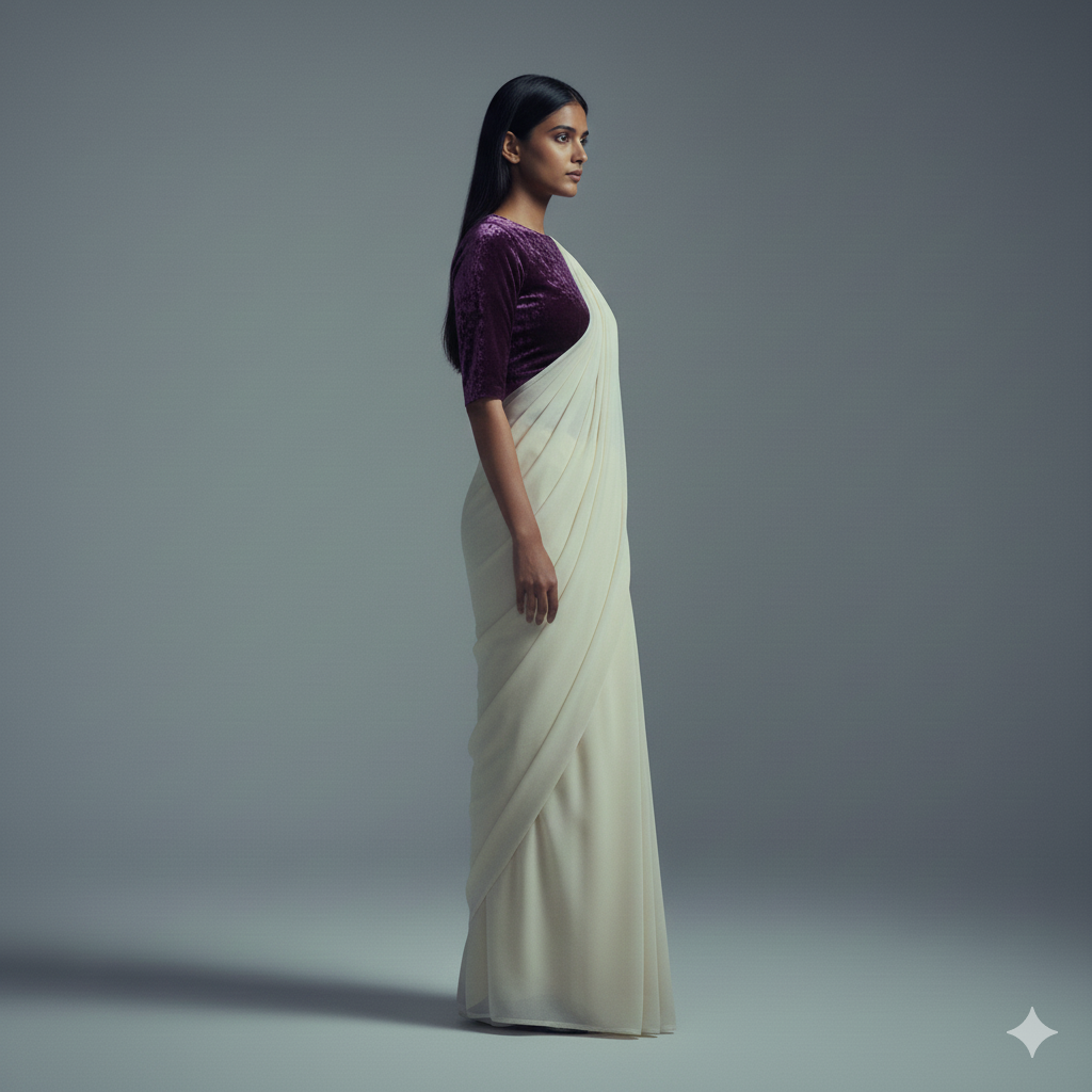 Cream georgette saree styled with purple velvet blouse for royal elegant contrast