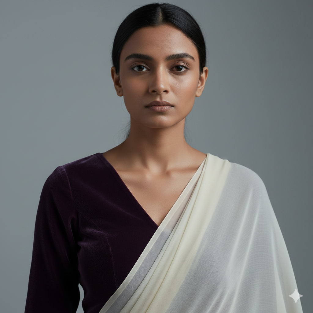 Cream georgette saree styled with purple velvet blouse for royal elegant contrast