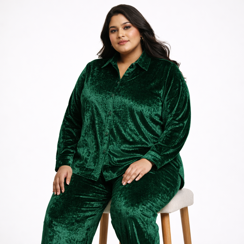 Green Solid Velvet Plus Size Pant Shirt Co-Ord Set for Women – 5XL