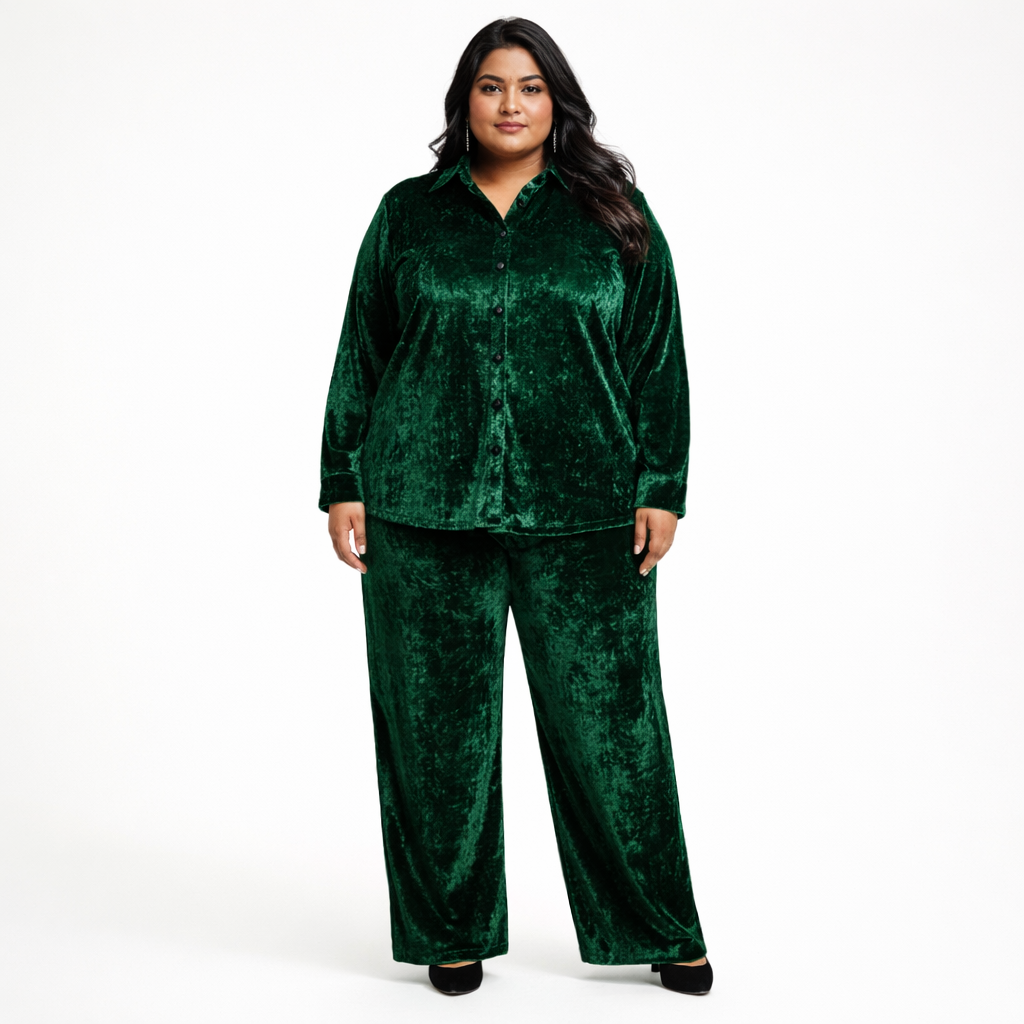Green Solid Velvet Plus Size Pant Shirt Co-Ord Set for Women – 8XL