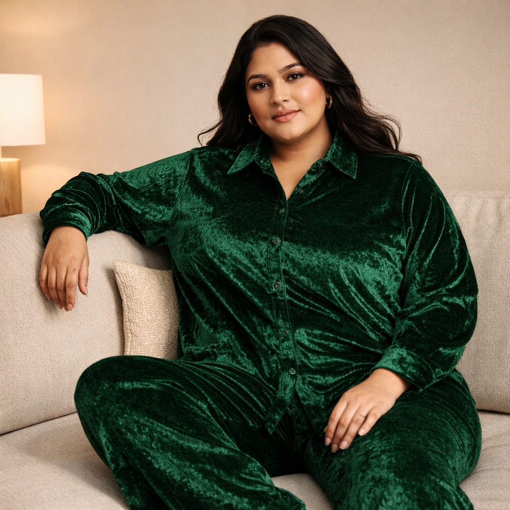 Green Solid Velvet Plus Size Pant Shirt Co-Ord Set for Women – 7XL