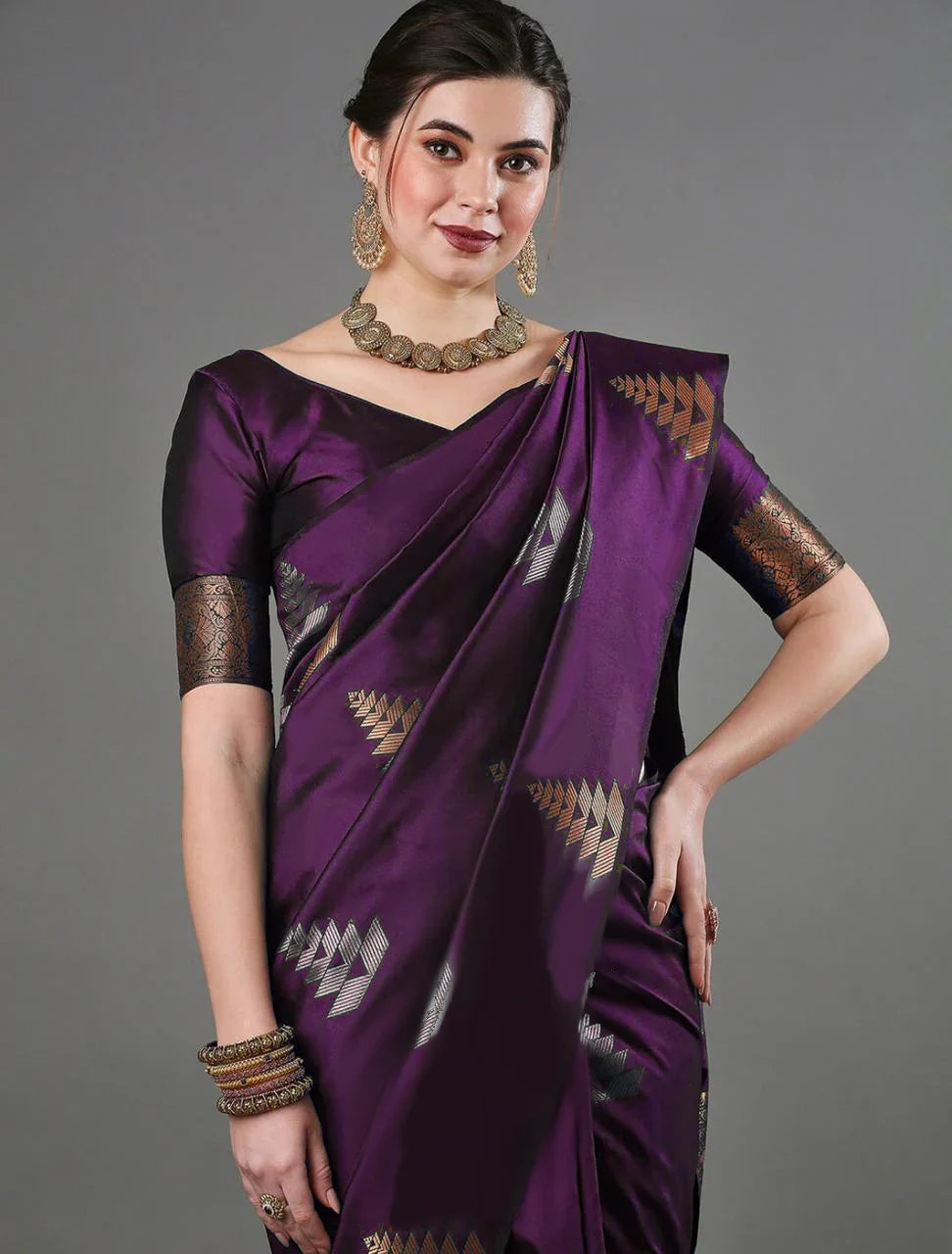 Banarasi Soft Silk Saree with Heavy Brocade & Copper-Silver Zari Weaving