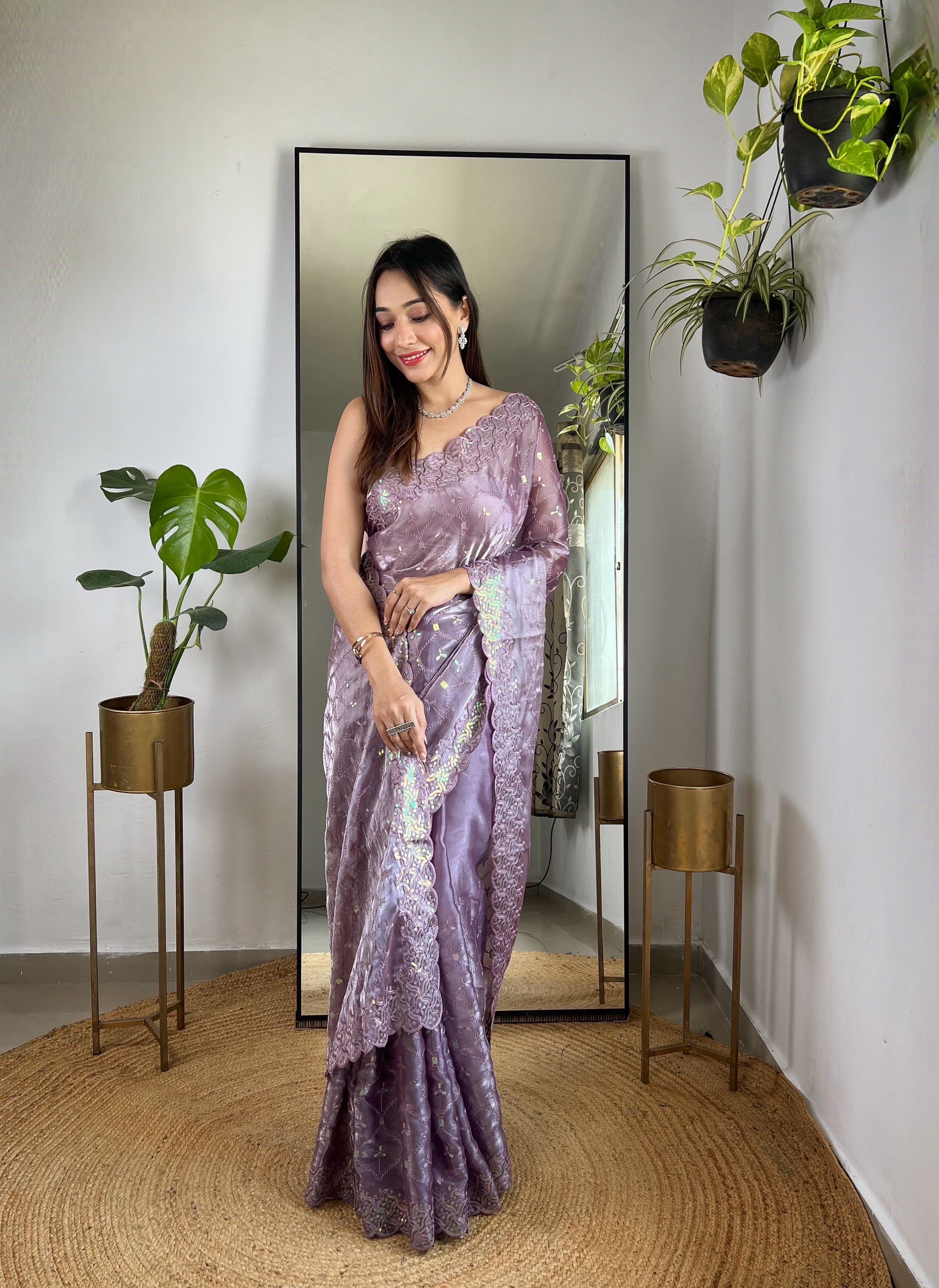 soft zimmy choo silk saree with designer sequin thread embroidery and cutwork