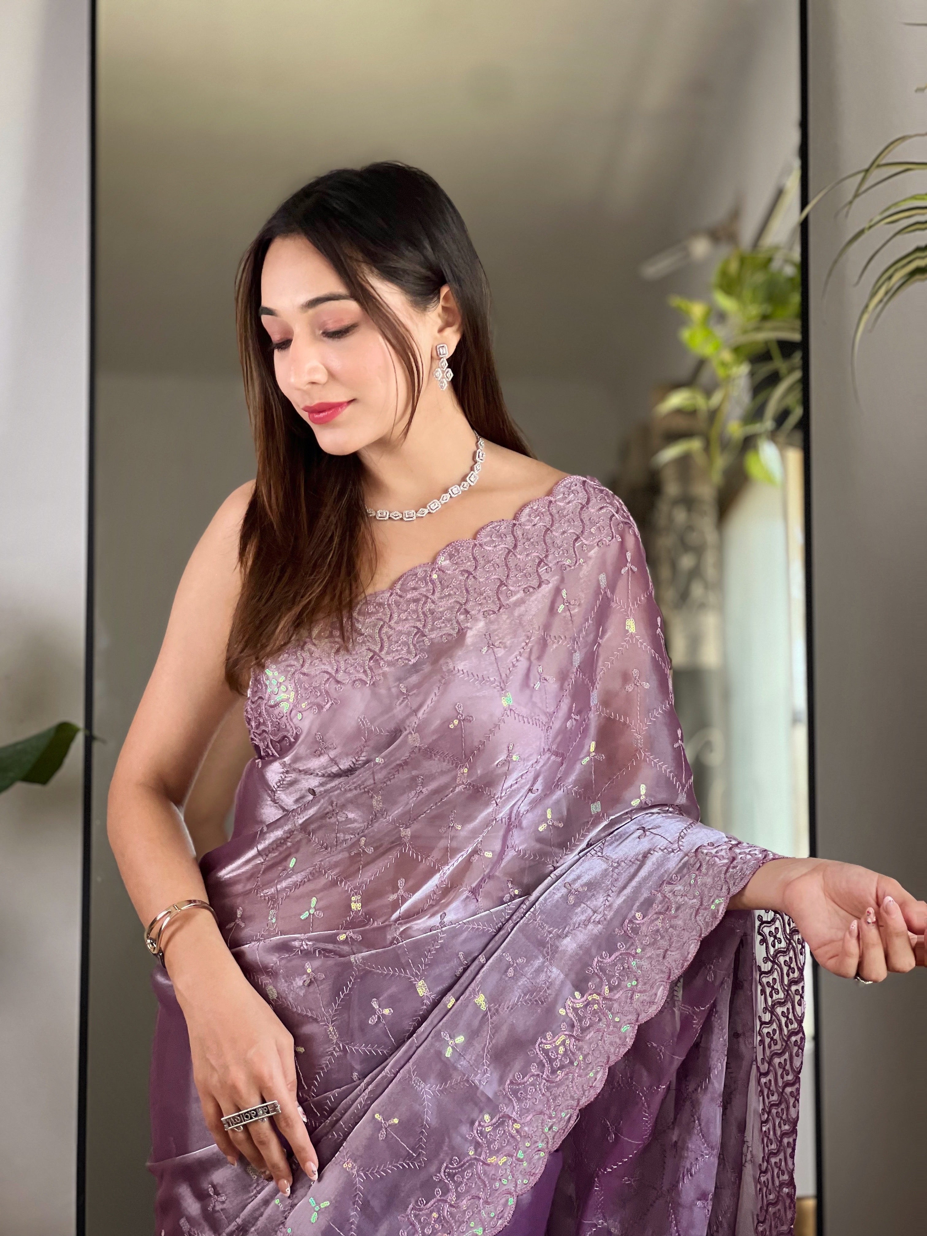soft zimmy choo silk saree with designer sequin thread embroidery and cutwork
