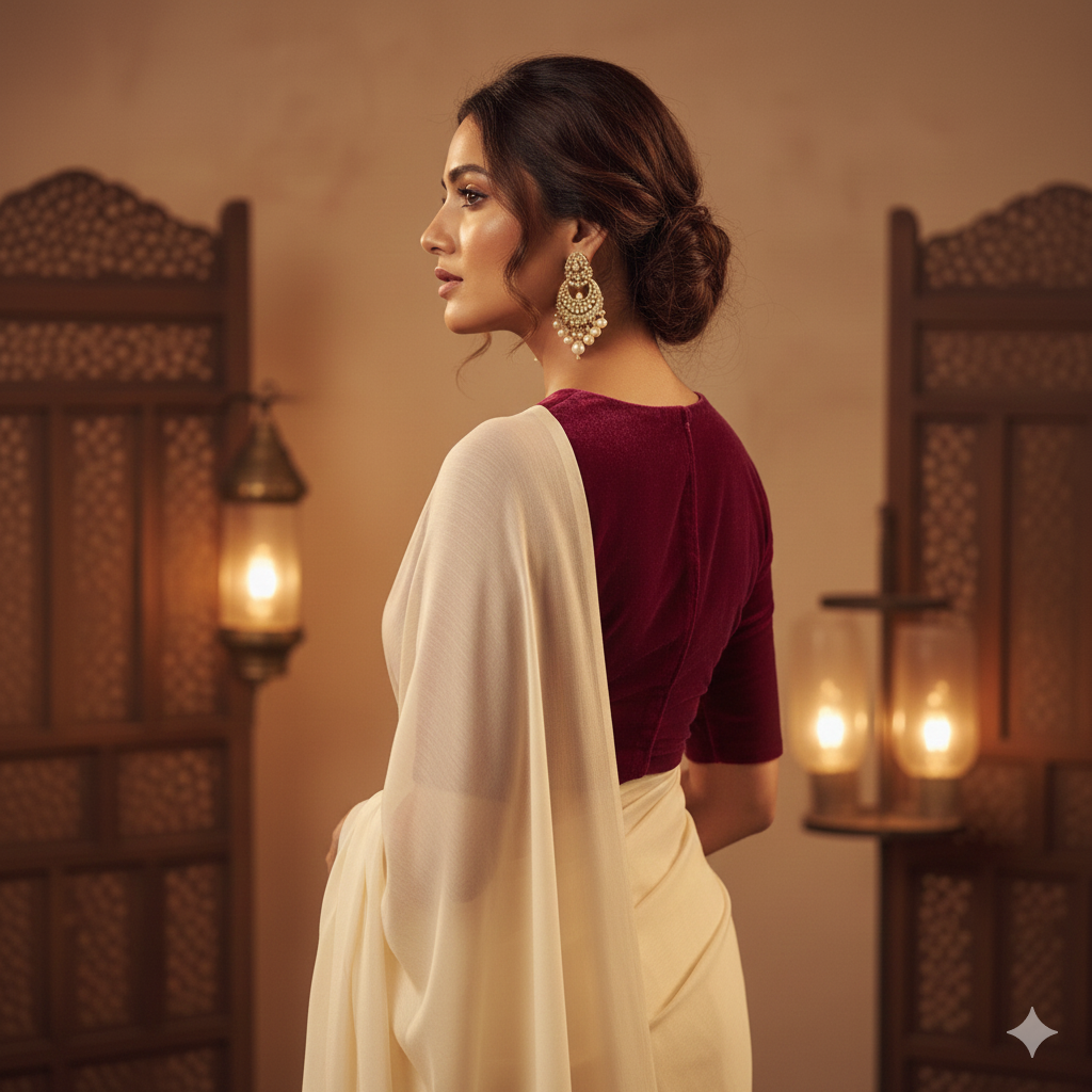 Cream georgette saree paired with rani velvet blouse for vibrant festive contrast
