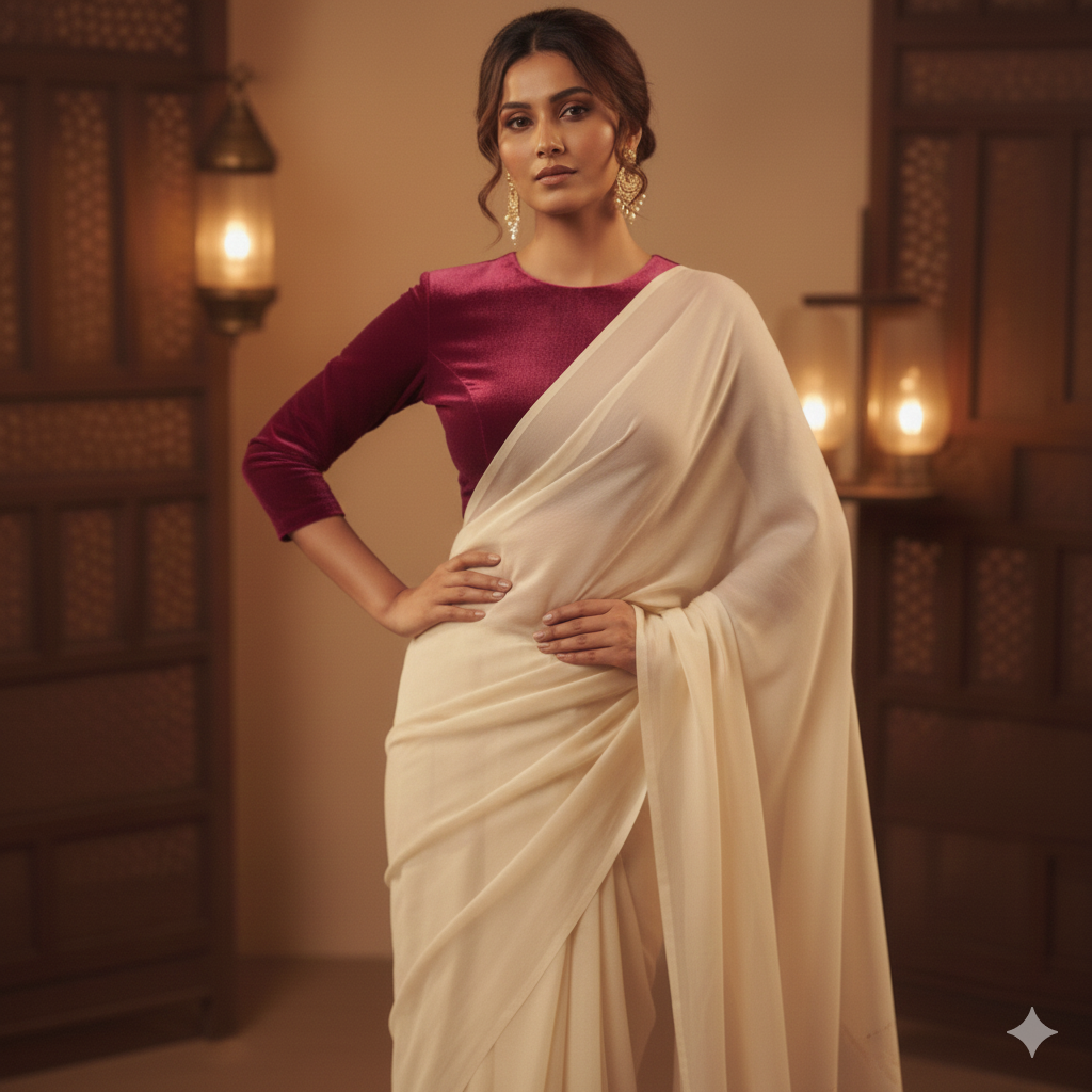 Cream georgette saree paired with rani velvet blouse for vibrant festive contrast