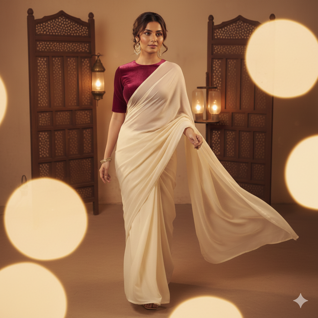 Cream georgette saree paired with rani velvet blouse for vibrant festive contrast