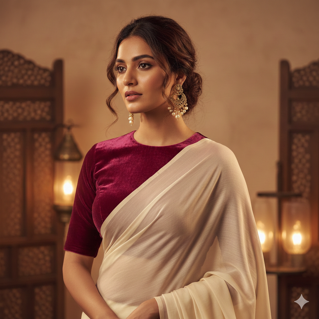 Cream georgette saree paired with rani velvet blouse for vibrant festive contrast