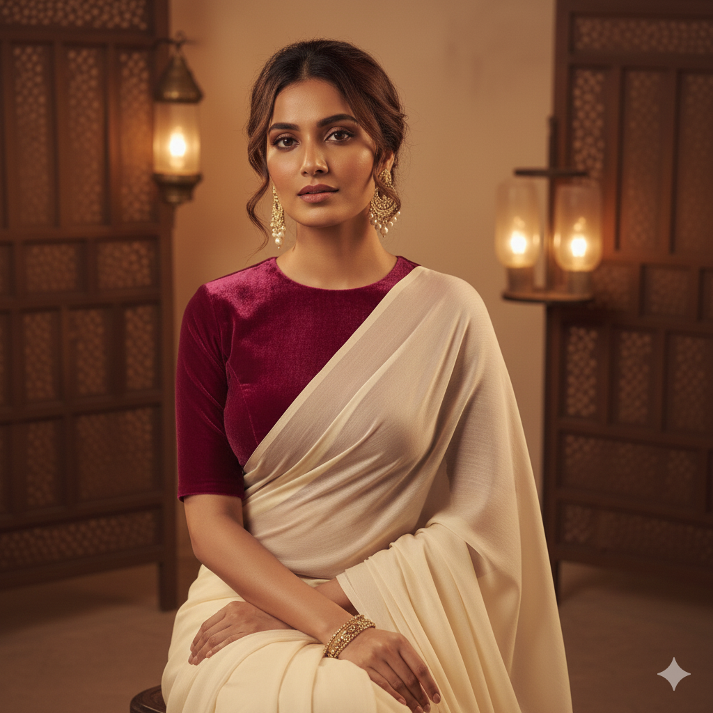 Cream georgette saree paired with rani velvet blouse for vibrant festive contrast