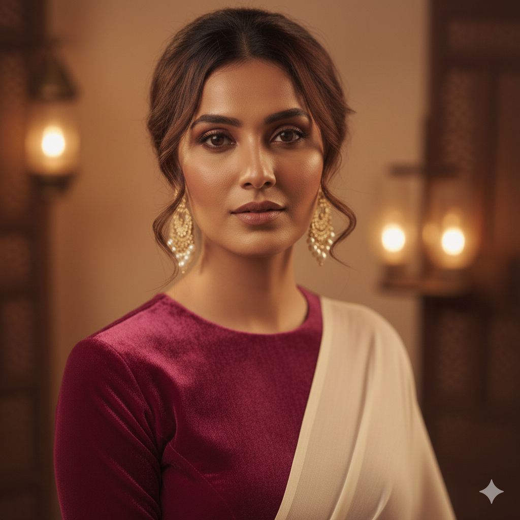 Cream georgette saree paired with rani velvet blouse for vibrant festive contrast