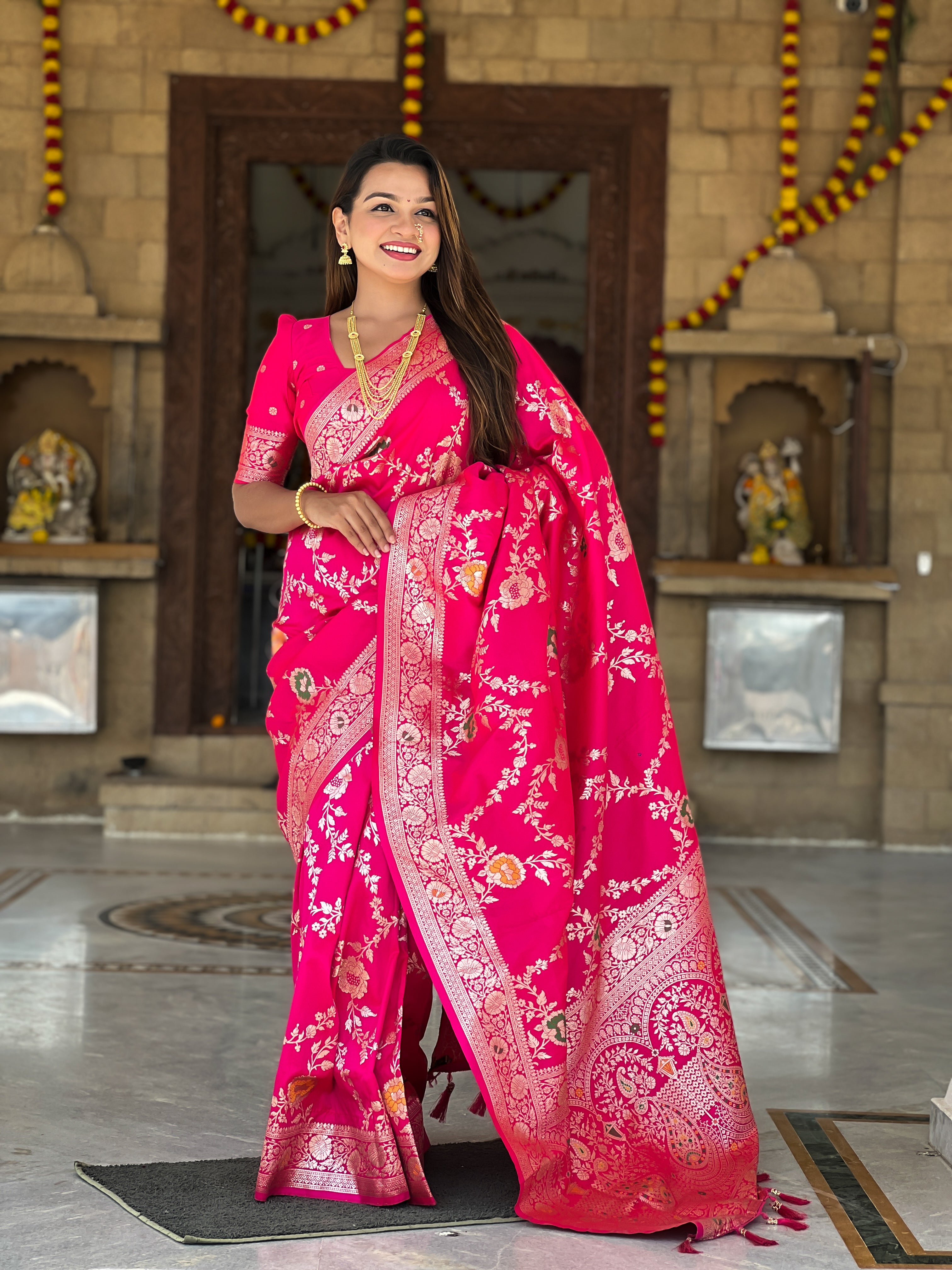 Heavily Woven Pure Silk Jangla Banarasi Saree with Full Floral Zari and Meenakari Intricate Pattern