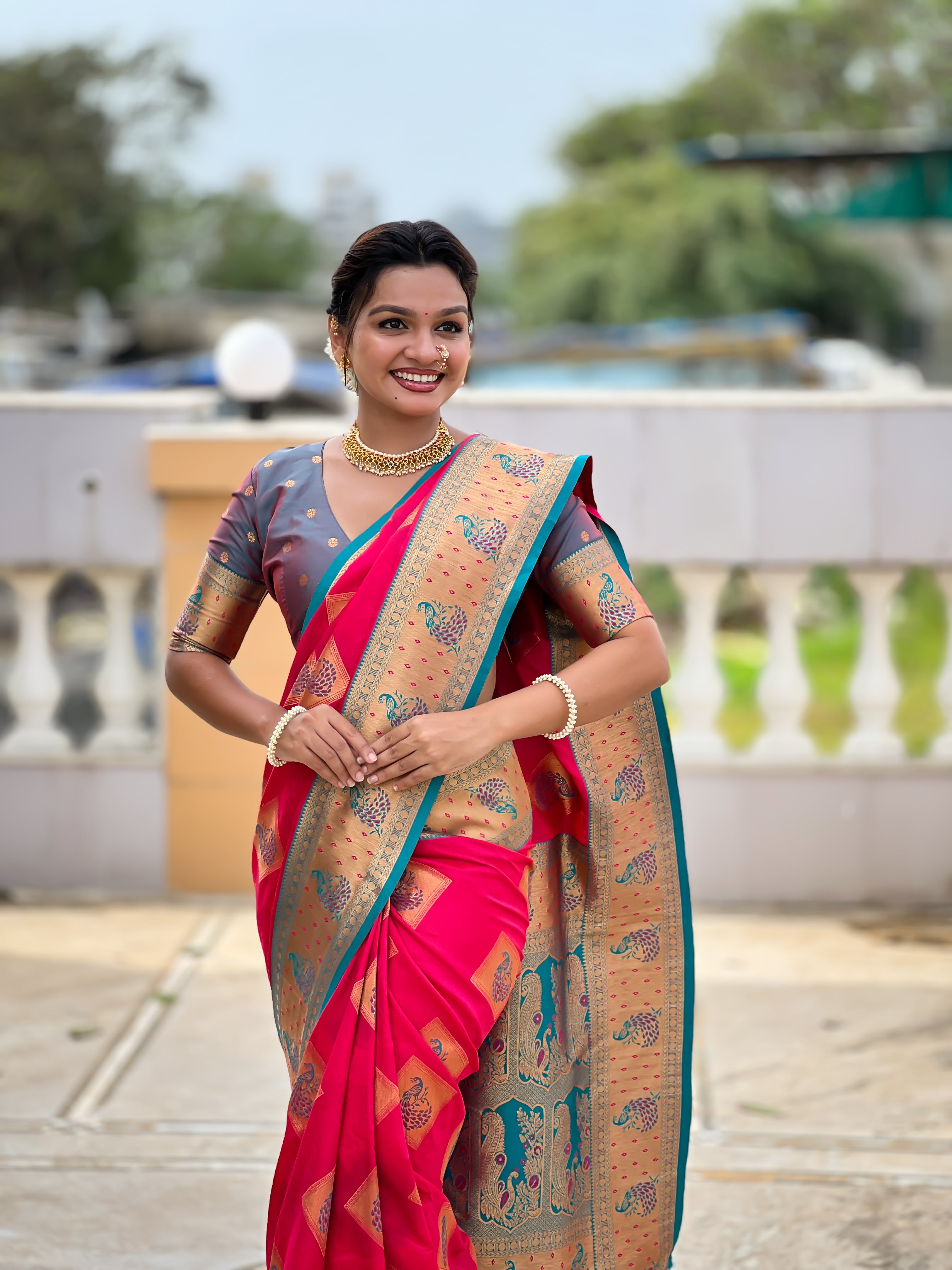 Soft Banarasi silk saree with zari weaving and Meenakari design and contrast woven pallu by Weave
