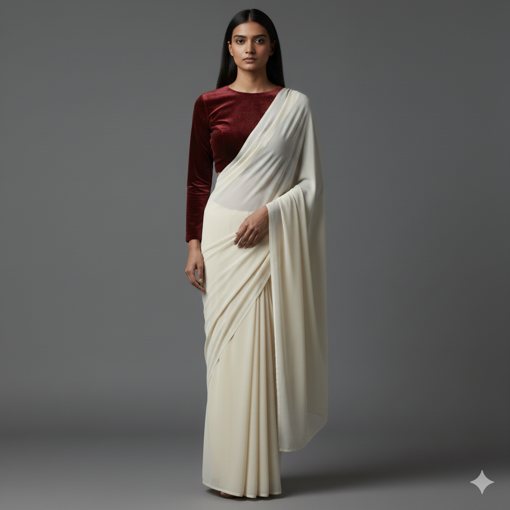 Cream georgette saree styled with red velvet blouse for bold festive contrast
