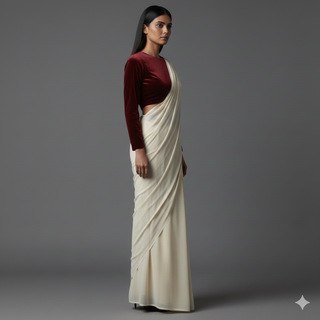 Cream georgette saree styled with red velvet blouse for bold festive contrast
