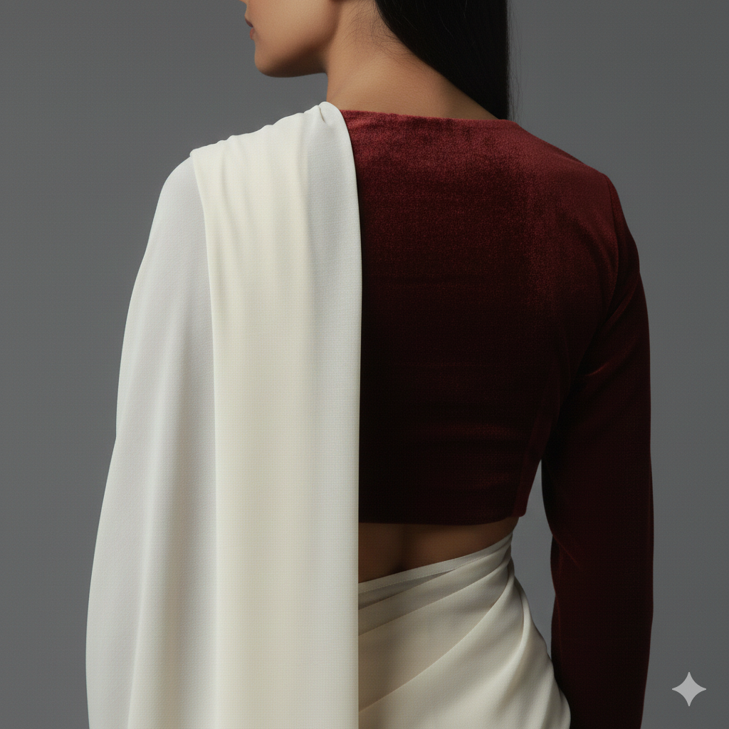 Cream georgette saree styled with red velvet blouse for bold festive contrast