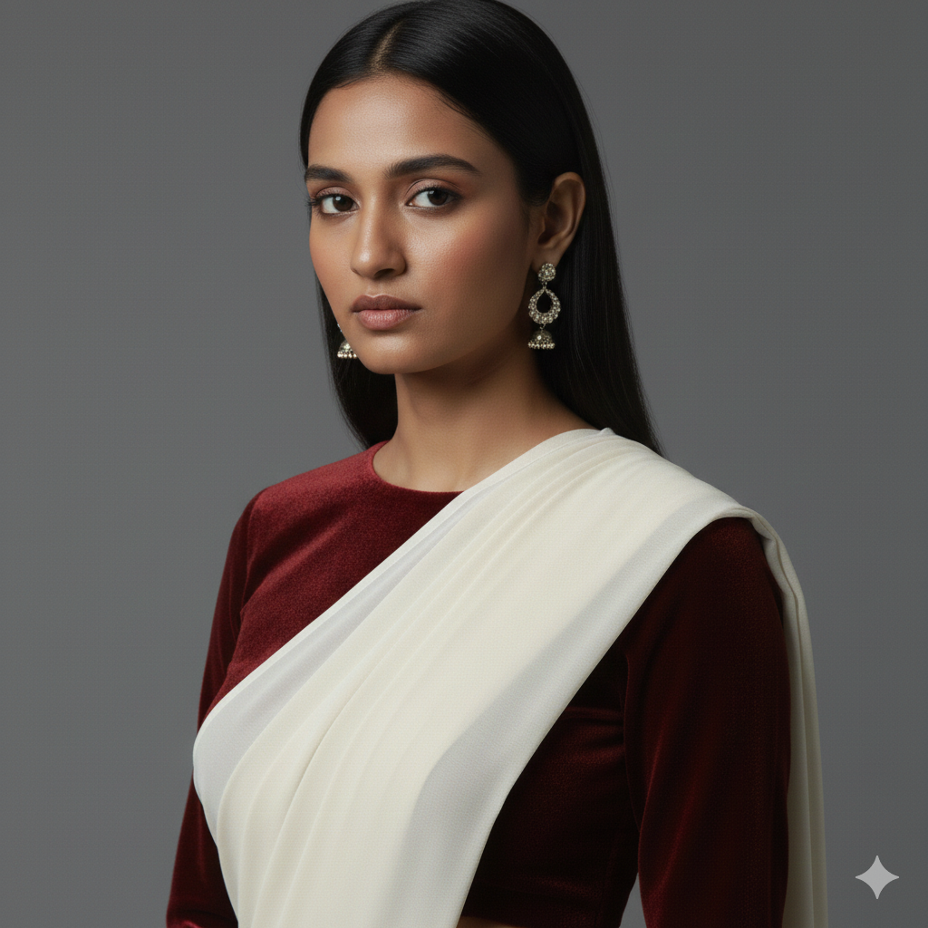 Cream georgette saree styled with red velvet blouse for bold festive contrast