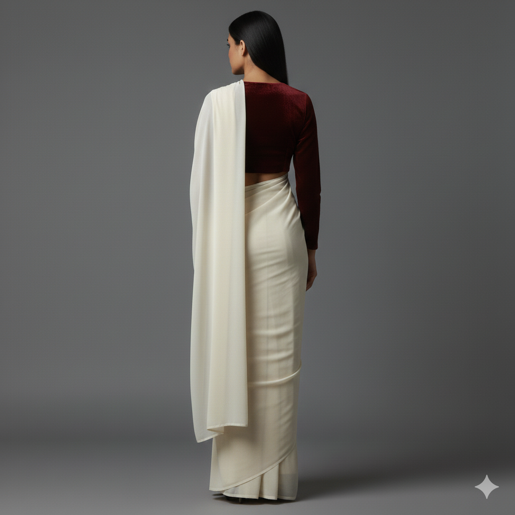 Cream georgette saree styled with red velvet blouse for bold festive contrast